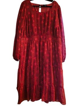 torrid Red Star-Embroidered Long Sleeve Tiered Dress Plus size 3xl EUC